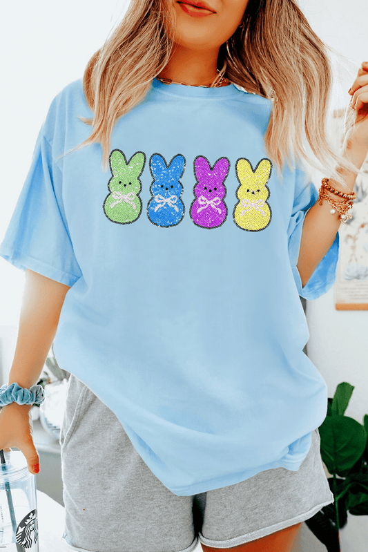 Light Blue Sequin Bunny Doll Graphic Casual T Shirt - Loving It Shop
