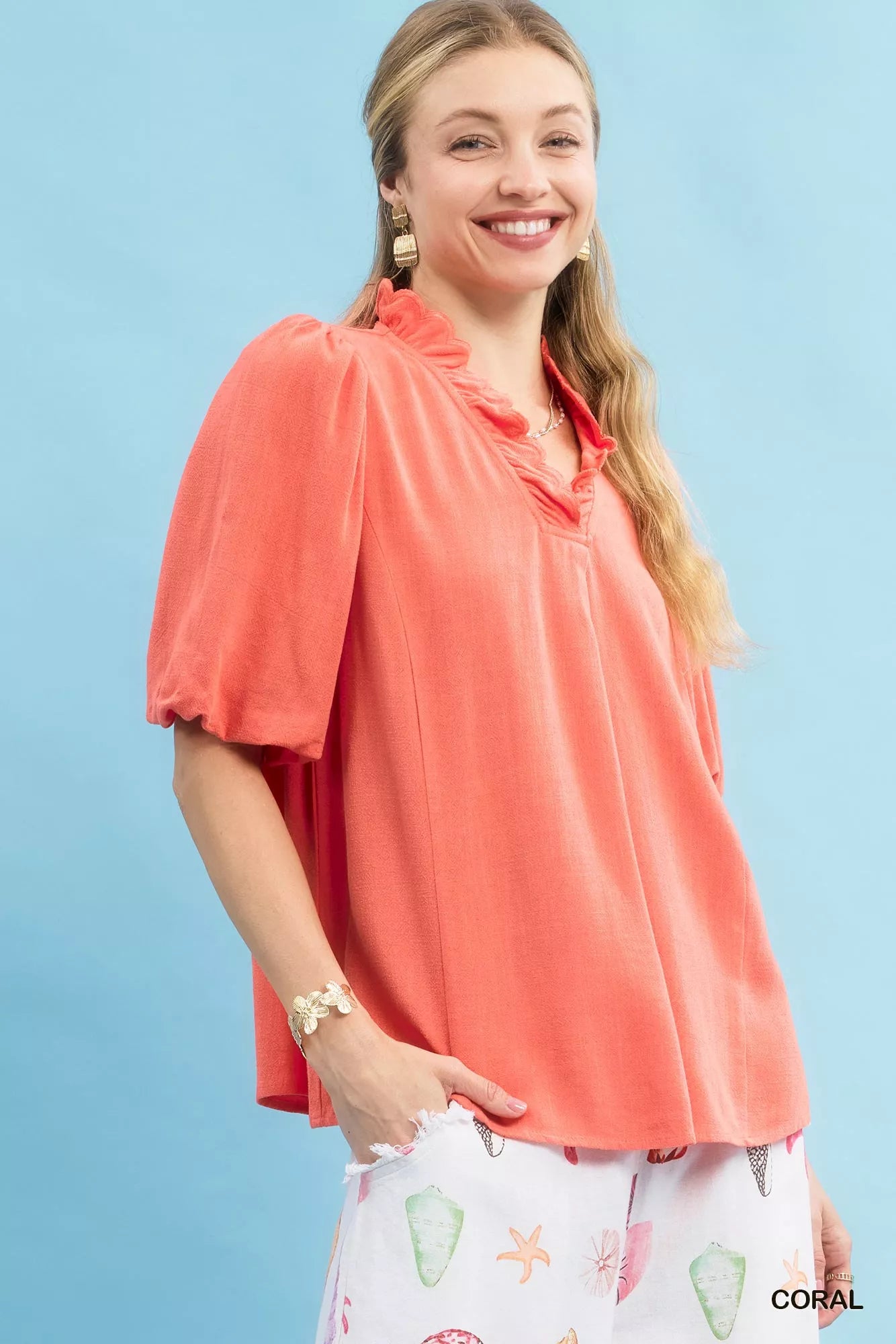 Linen Scallop Trim V-Neck Blouse