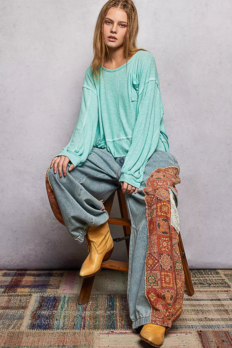 Round Neck Long Sleeve Exposed Seam Top with Chest Pocket