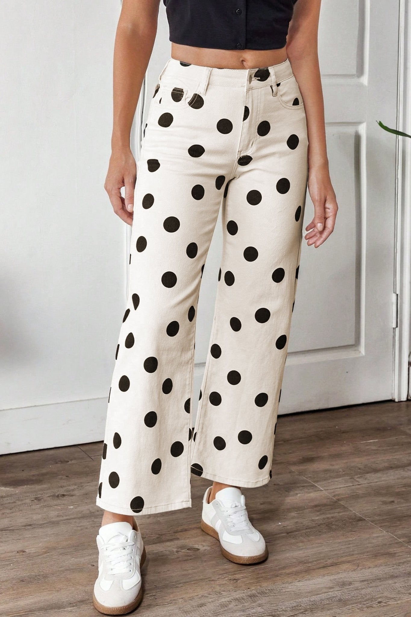 White Polka Dot Print Wide Leg Ankle - Length Jeans - Loving It Shop