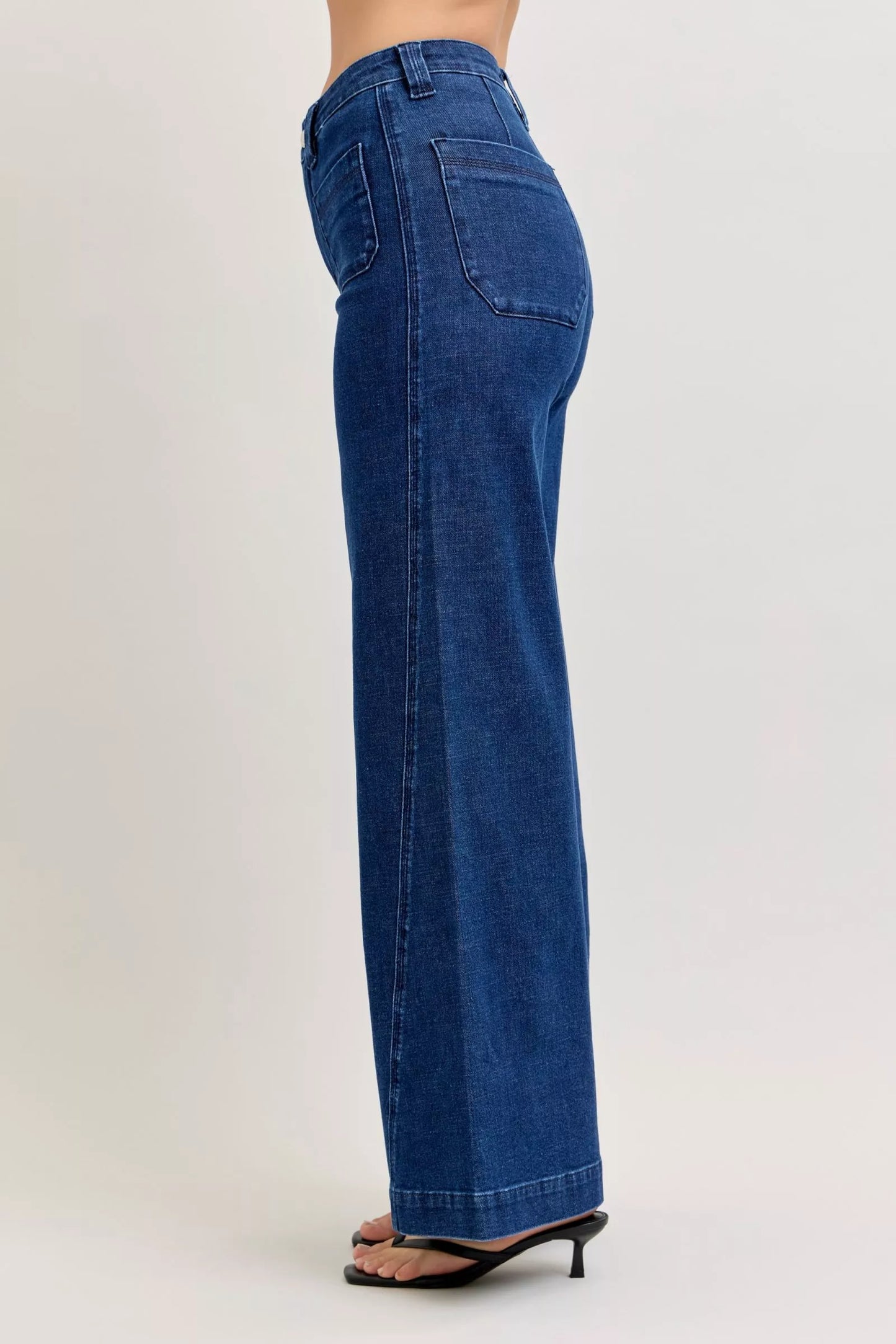 High-Waisted Retro Wide Jeans with Patch Pkts & Twisted Seams