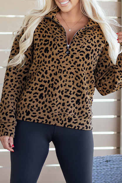 Brown Leopard Print Quarter Zip Sweatshirt