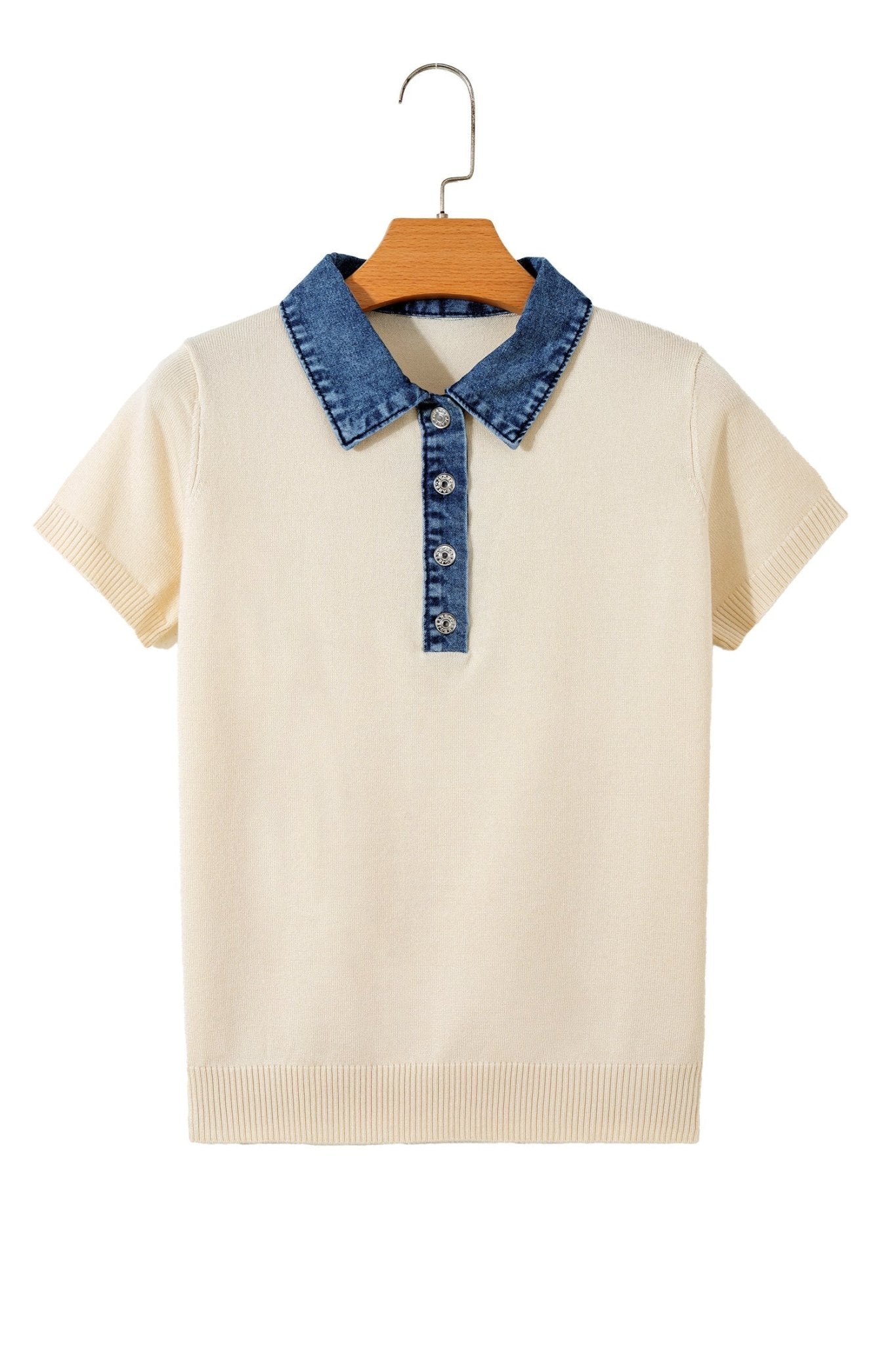 Jet Stream Short Sleeve Knit Denim Patchwork Polo Collar Sweater - Loving It Shop