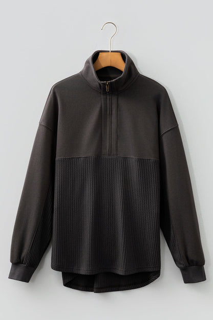 Carbon Grey Waffle Knit Patchwork Half Zipped Casual Sweatshirt