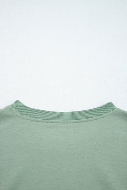 Smoke Green Raw Edge Flower Patch Drop Shoulder Casual Top