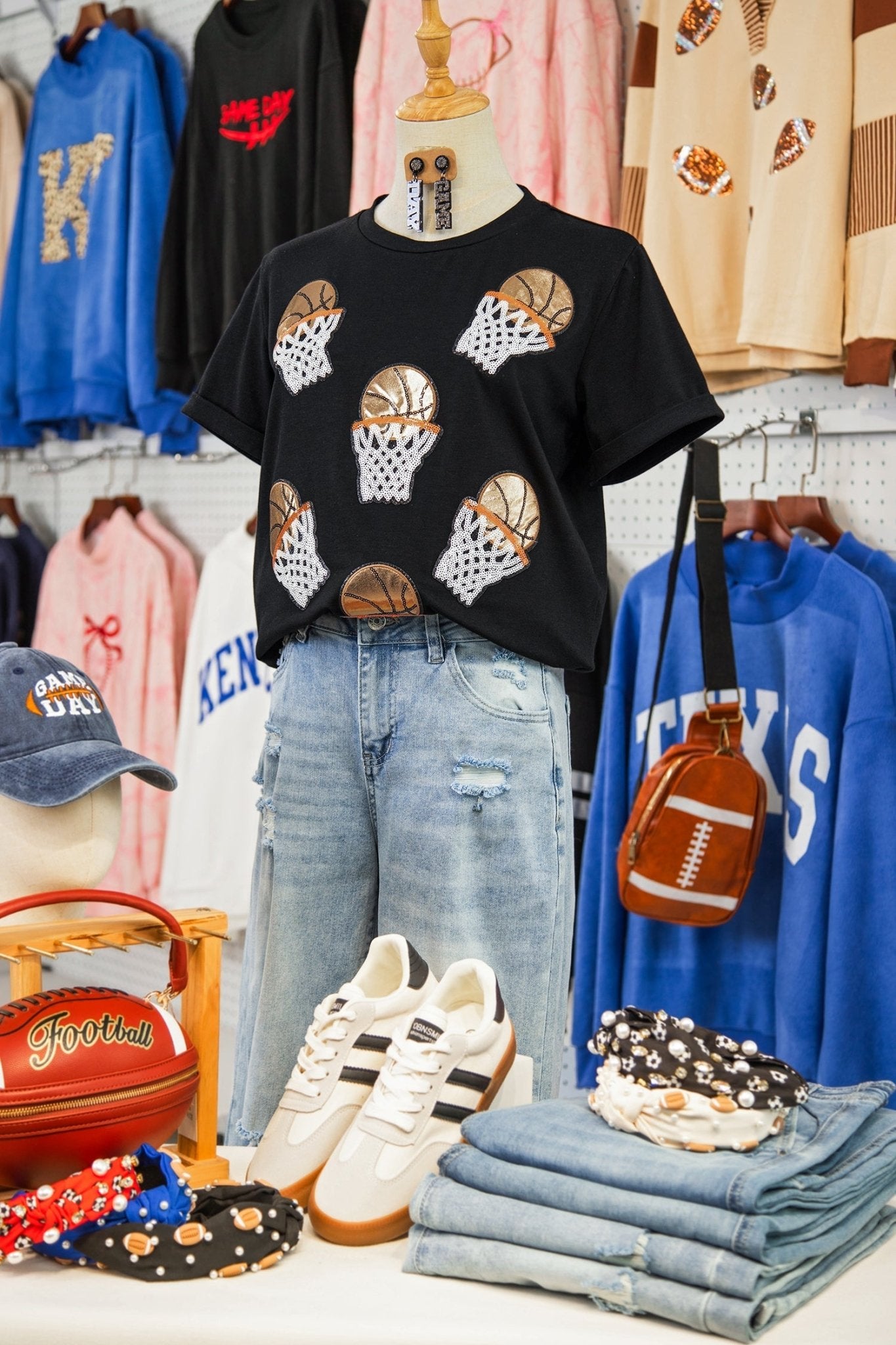 Black Sequin Basketball Patched Graphic Game Day T Shirt - Loving It Shop