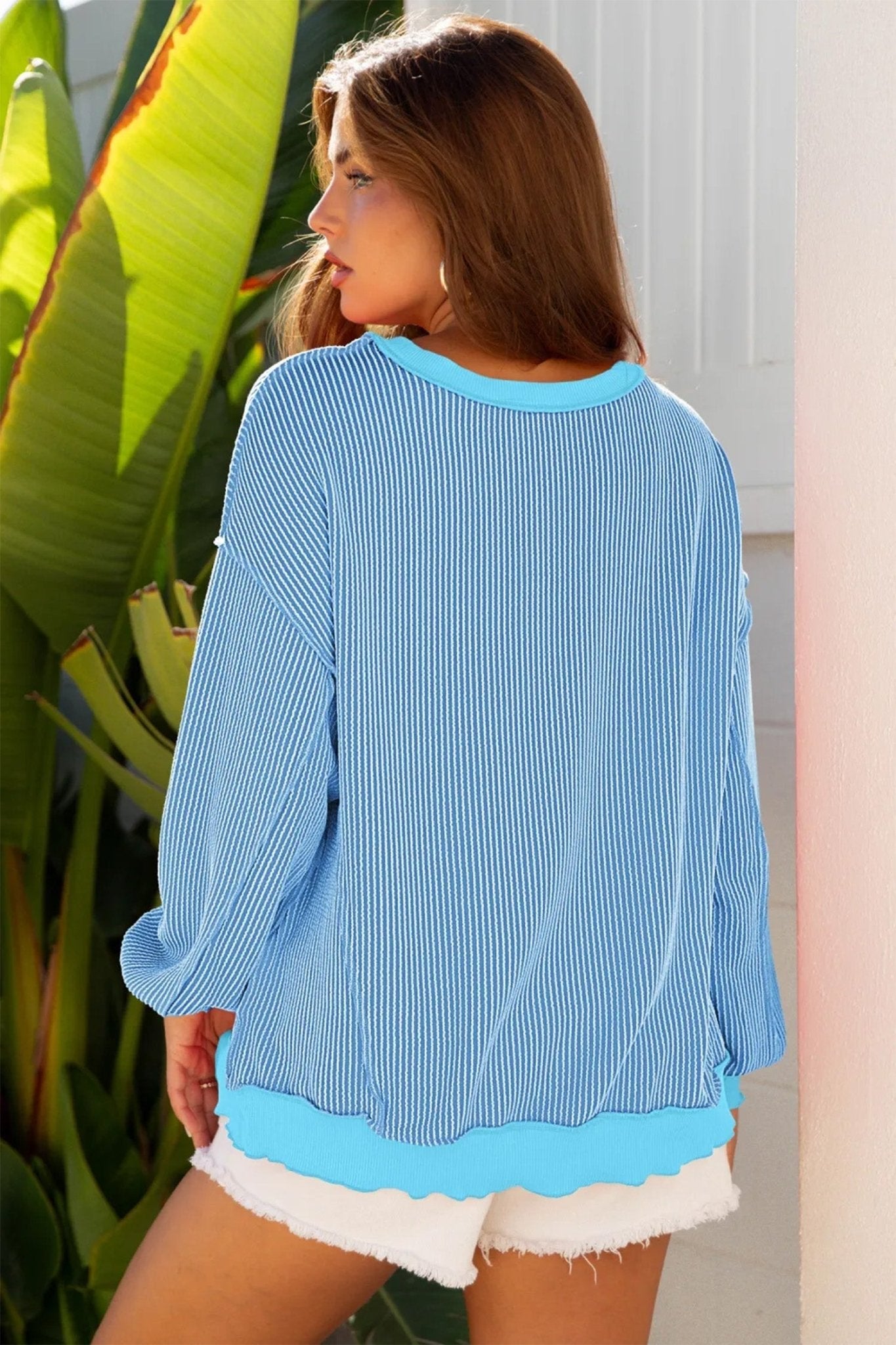 Myosotis Sequin Easter Eggs Twisted Rib Exposed Seam Color Block Top - Loving It Shop