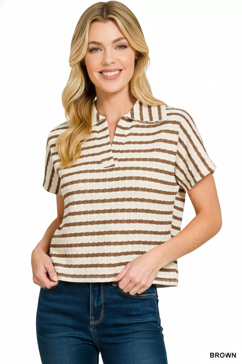 Striped Split Neck Collared Top