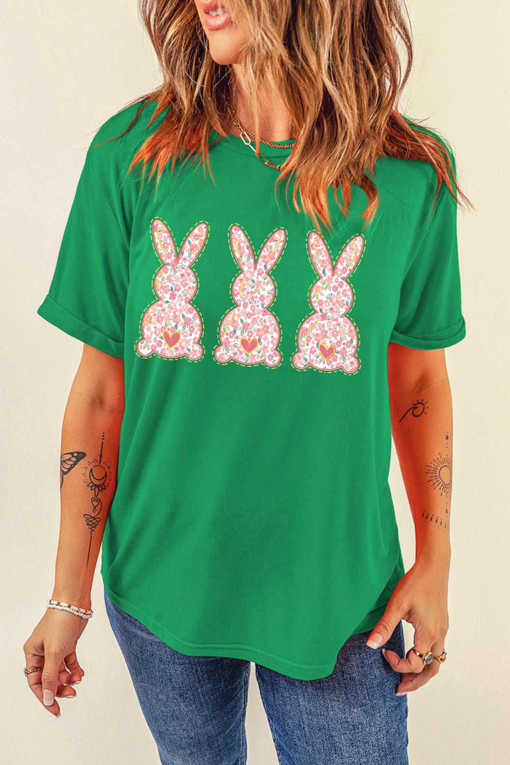 Bright Green Easter Floral Rabbit Print Crew Neck T Shirt - Loving It Shop