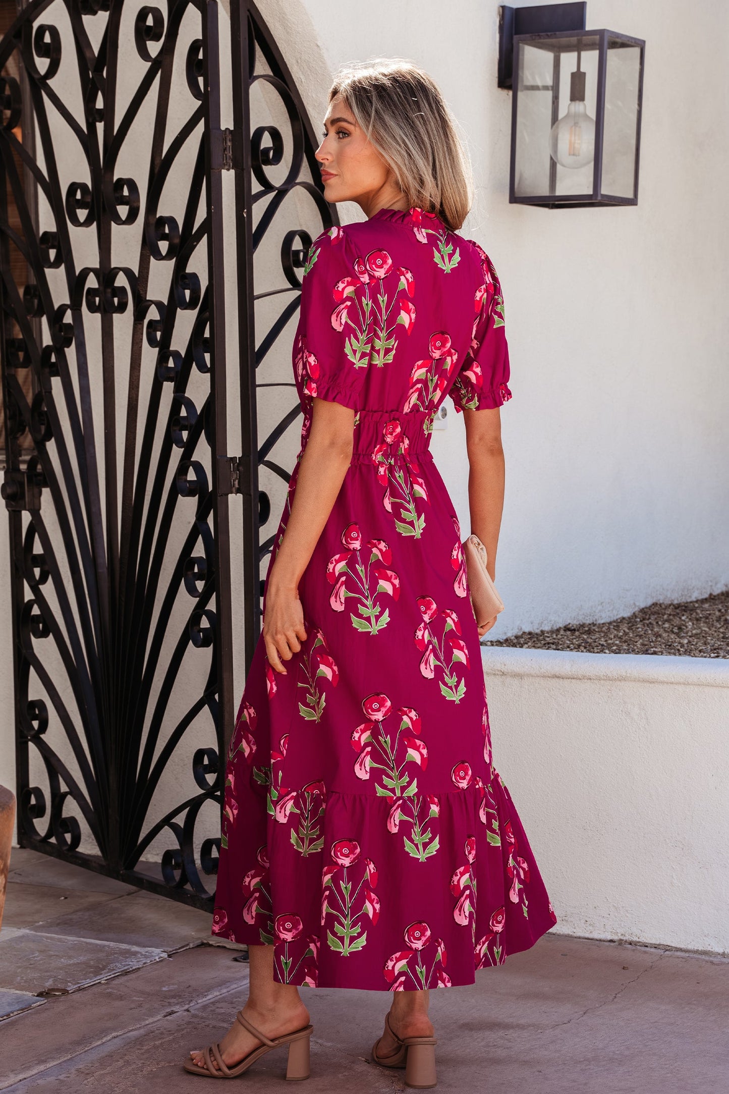 Red Floral Print Frilled V Neck Short Sleeve Ruffle Maxi Dress