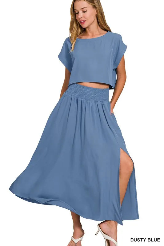 Woven Crinkle Gauze Crop Tee and Skirt Set