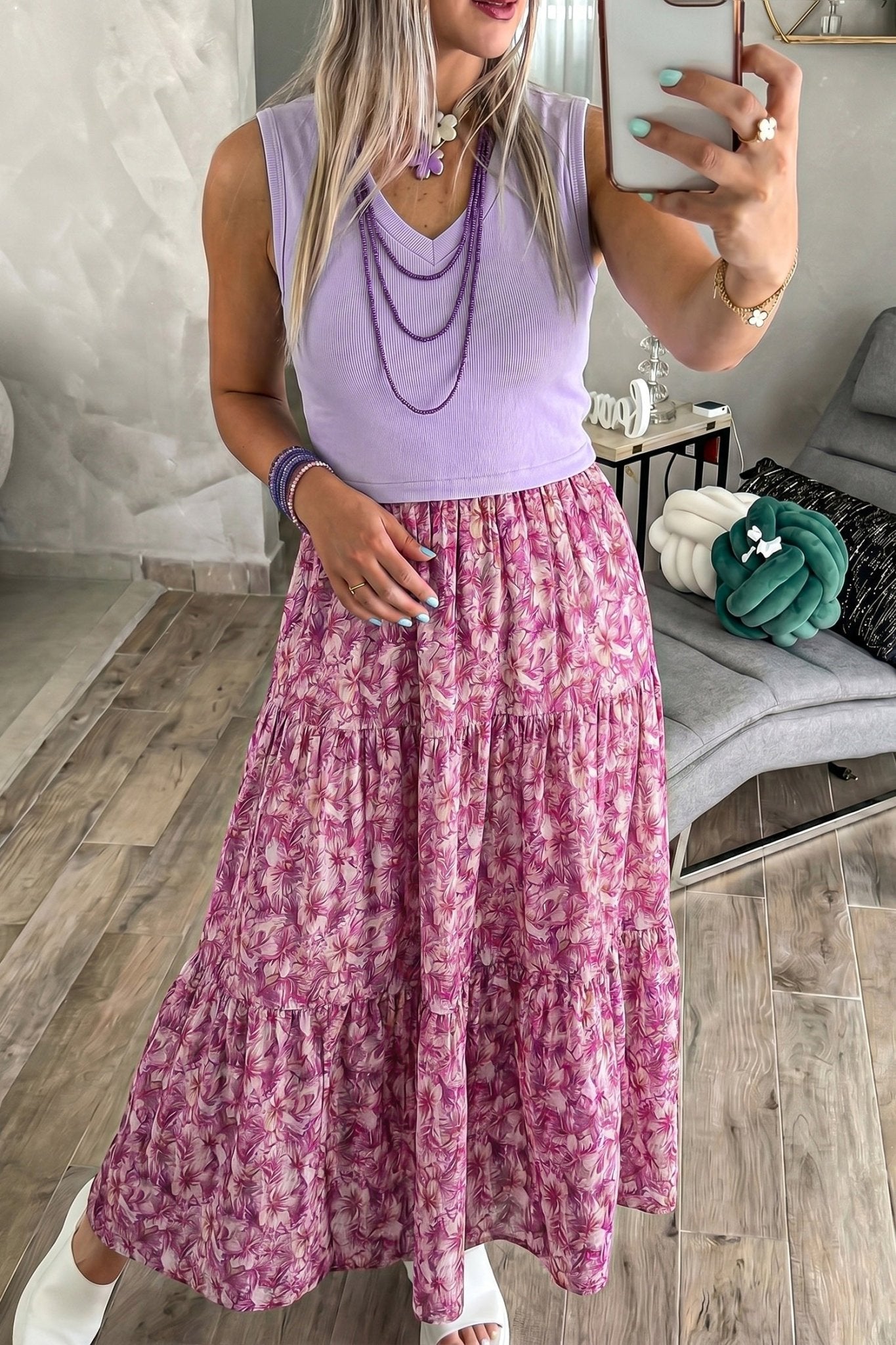 Purple Ribbed V Neck Tank Floral Contrast Patchwork Long Dress - Loving It Shop