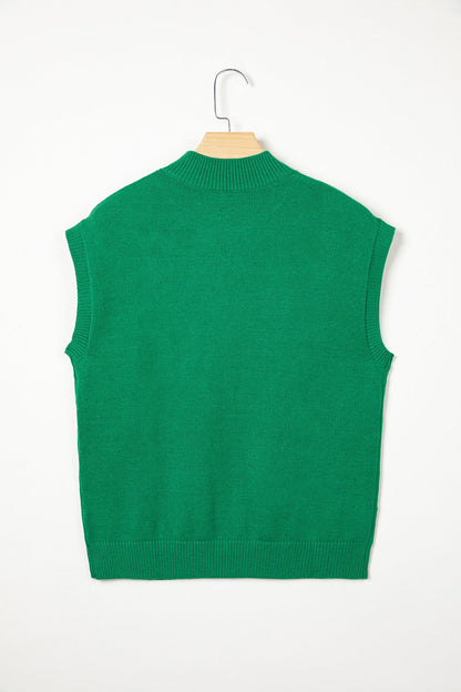 Bright Green Corded Horseshoes Ribbed Trim Mock Neck Short Sleeve Sweater