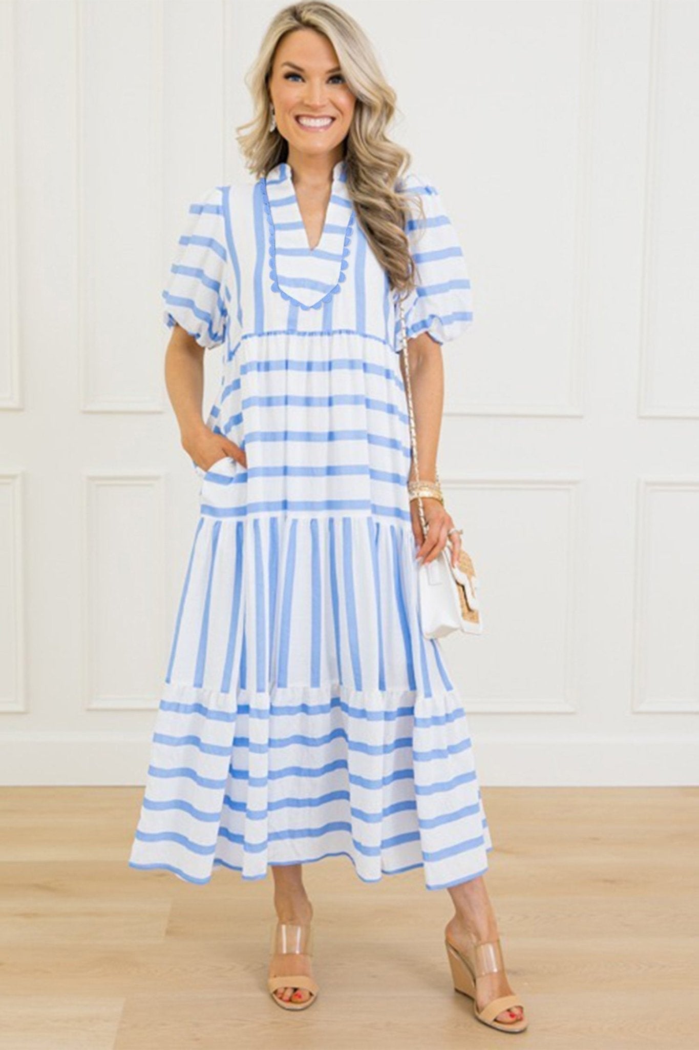 Sky Blue Stripe Ricrac Trim Notched Neck Half Sleeve Vacation Dress - Loving It Shop