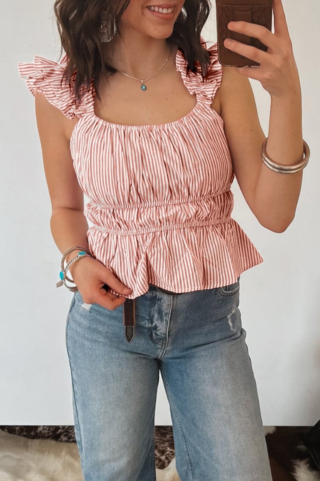 Pink Stripe U Neck Ruffle Trim Cinched Waist Tank Top - Loving It Shop