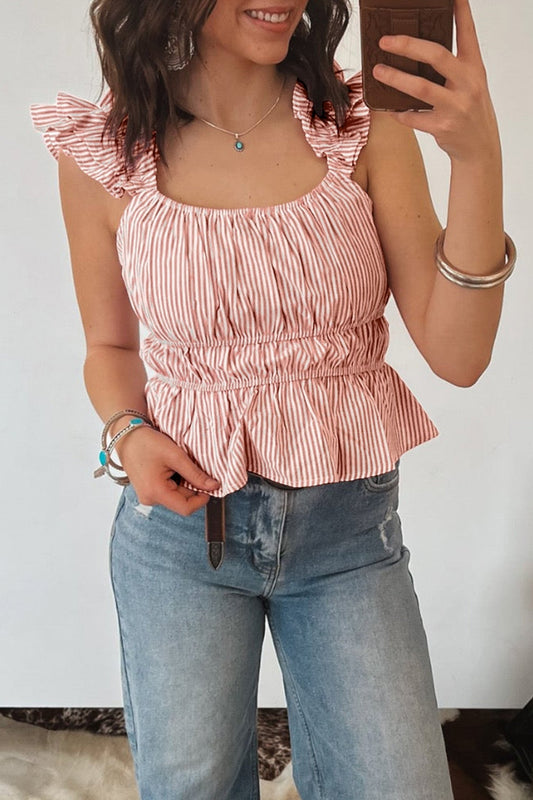 Pink Stripe U Neck Ruffle Trim Cinched Waist Tank Top - Loving It Shop