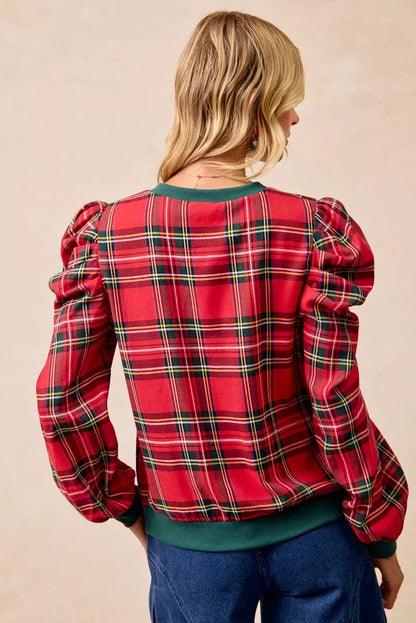 Christmas Plaid Exaggerated Shoulder Sleeves Top