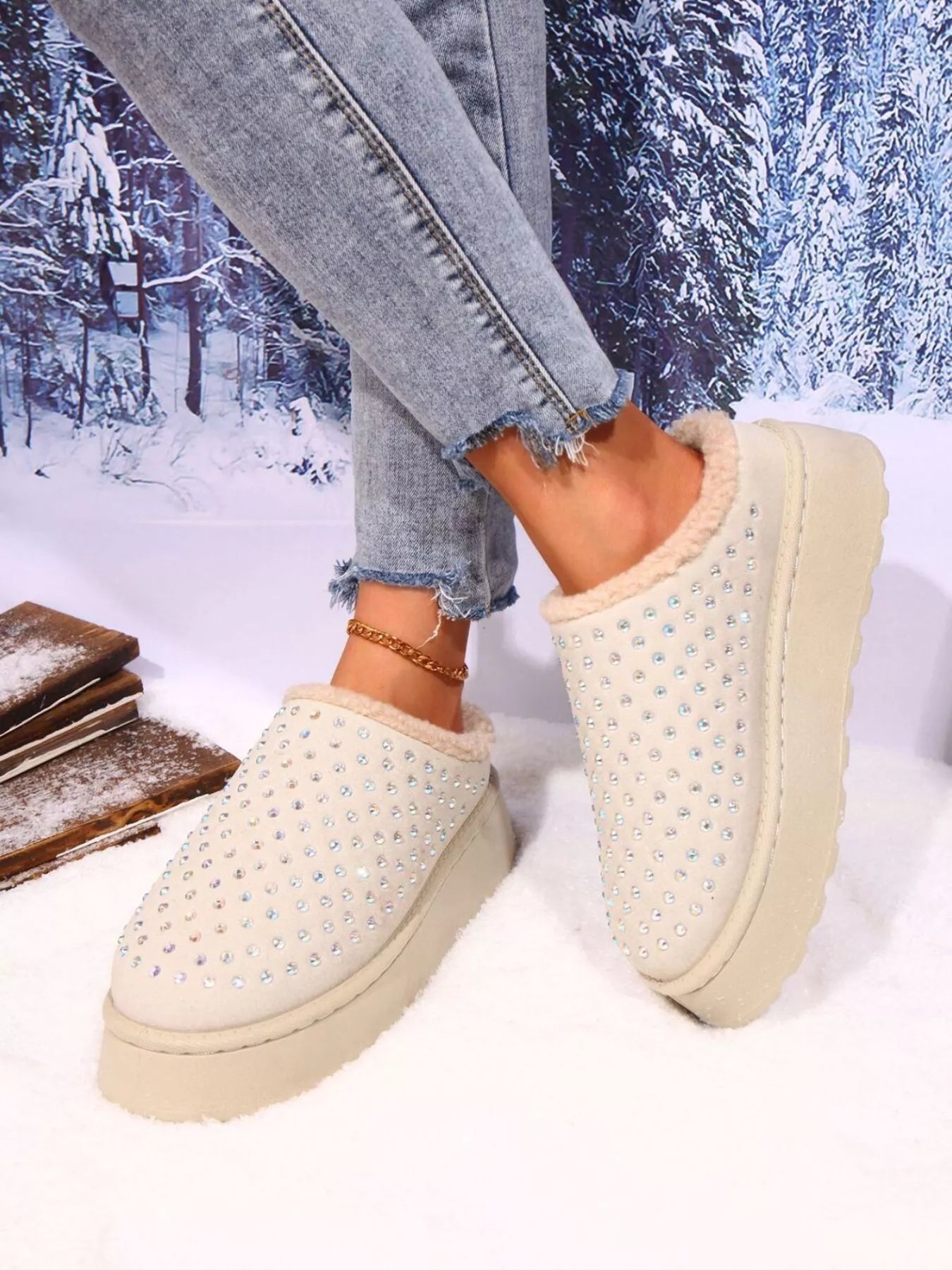 Rhinestone Round Toe Platform Slippers - Loving It Shop