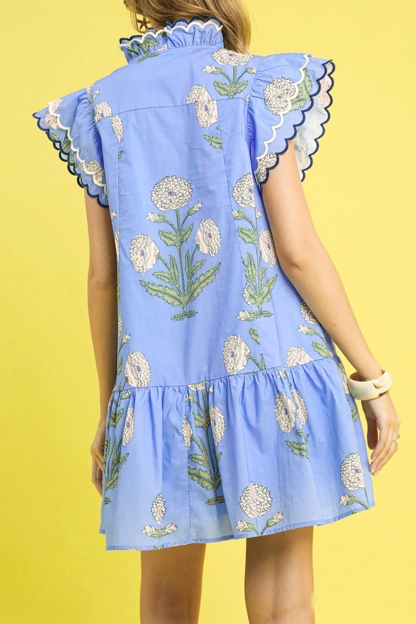 Sky Blue Wild Floral Print Scalloped Embroidery Trim V Neck Drop Waist Mini Dress - Loving It Shop