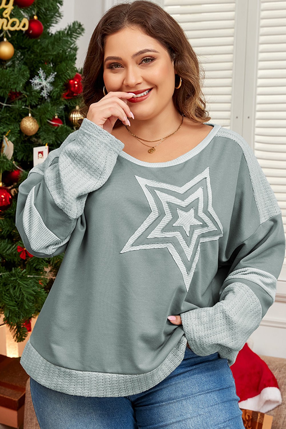 Mist Green Stars Patchwork Round Neck Plus Size T Shirt - Loving It Shop