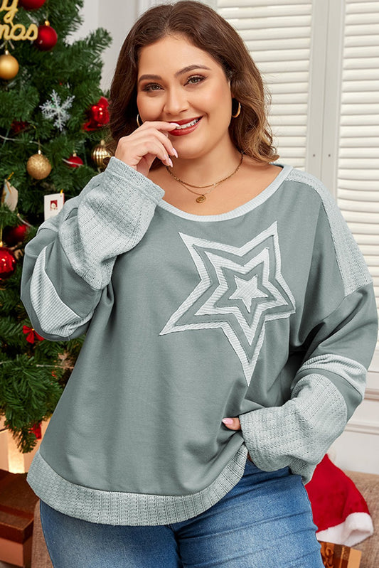 Mist Green Stars Patchwork Round Neck Plus Size T Shirt - Loving It Shop