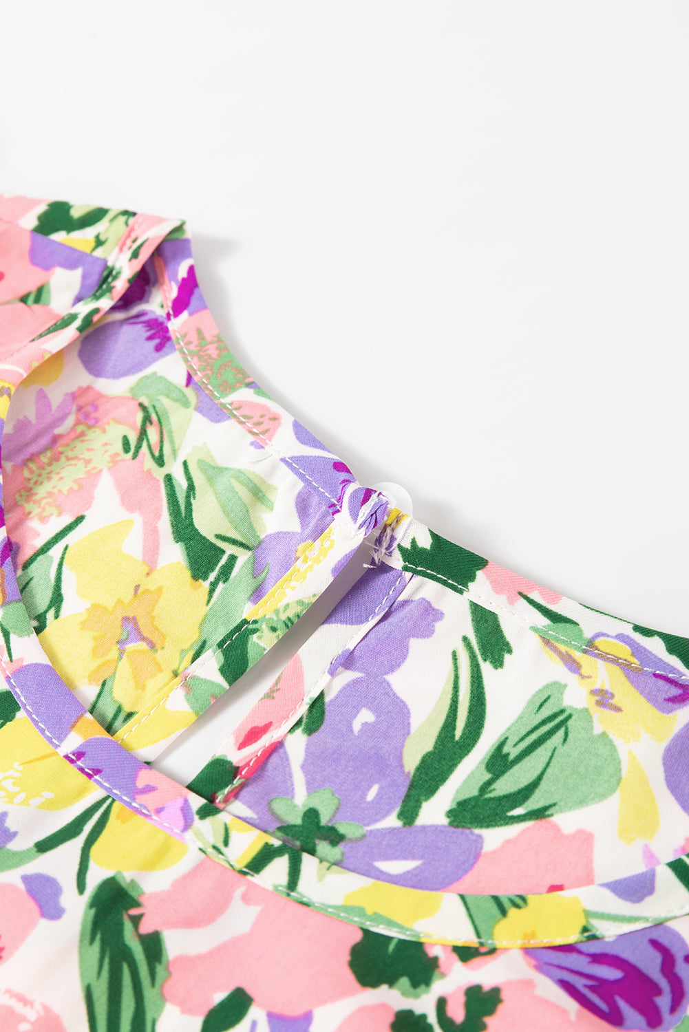 Purple Floral Print Puff Short Sleeve Crew Neck Blouse