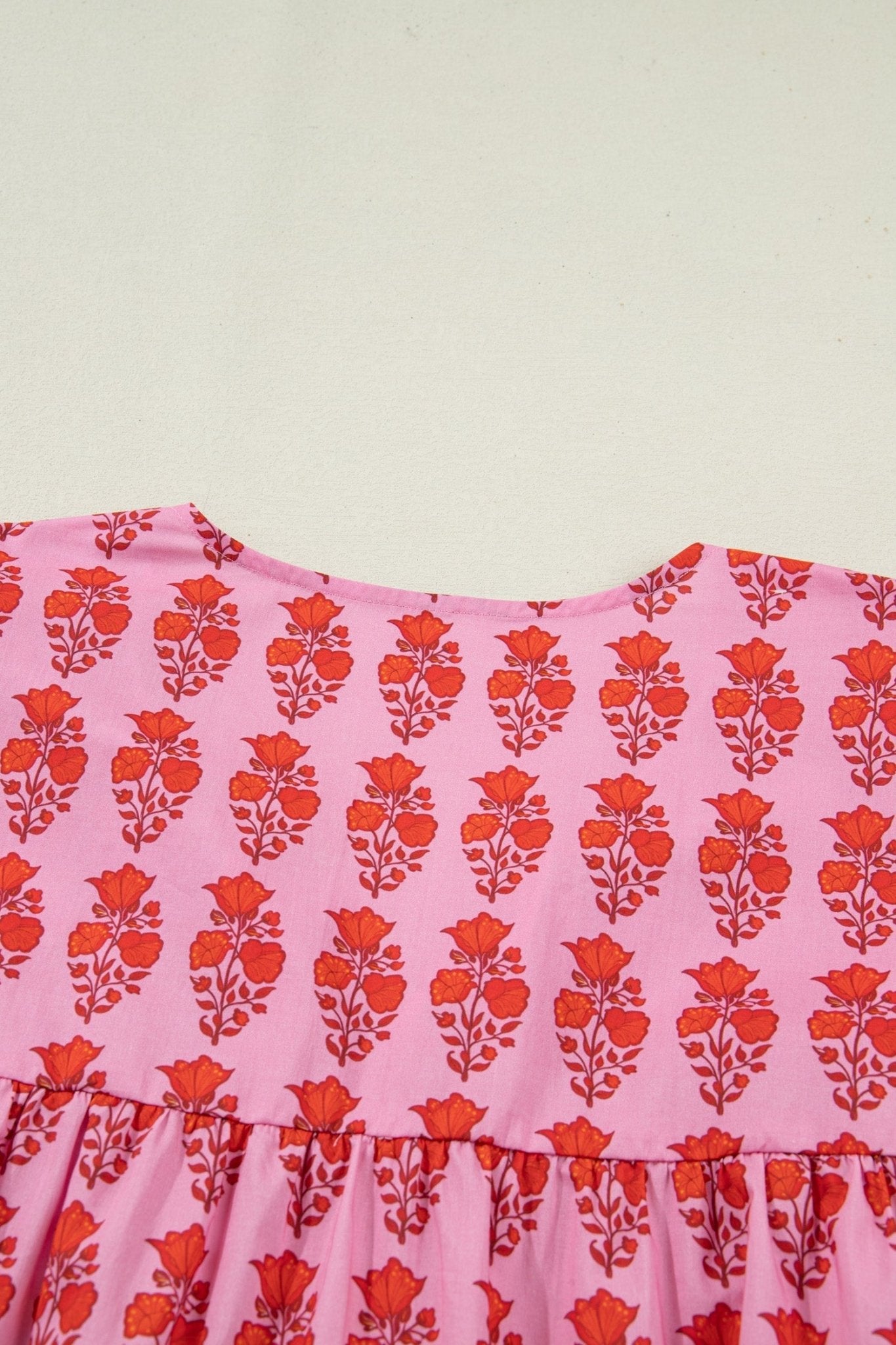 Pink Plus Size Floral Print Tassel Tie Puff Sleeve Cotton Blouse - Loving It Shop