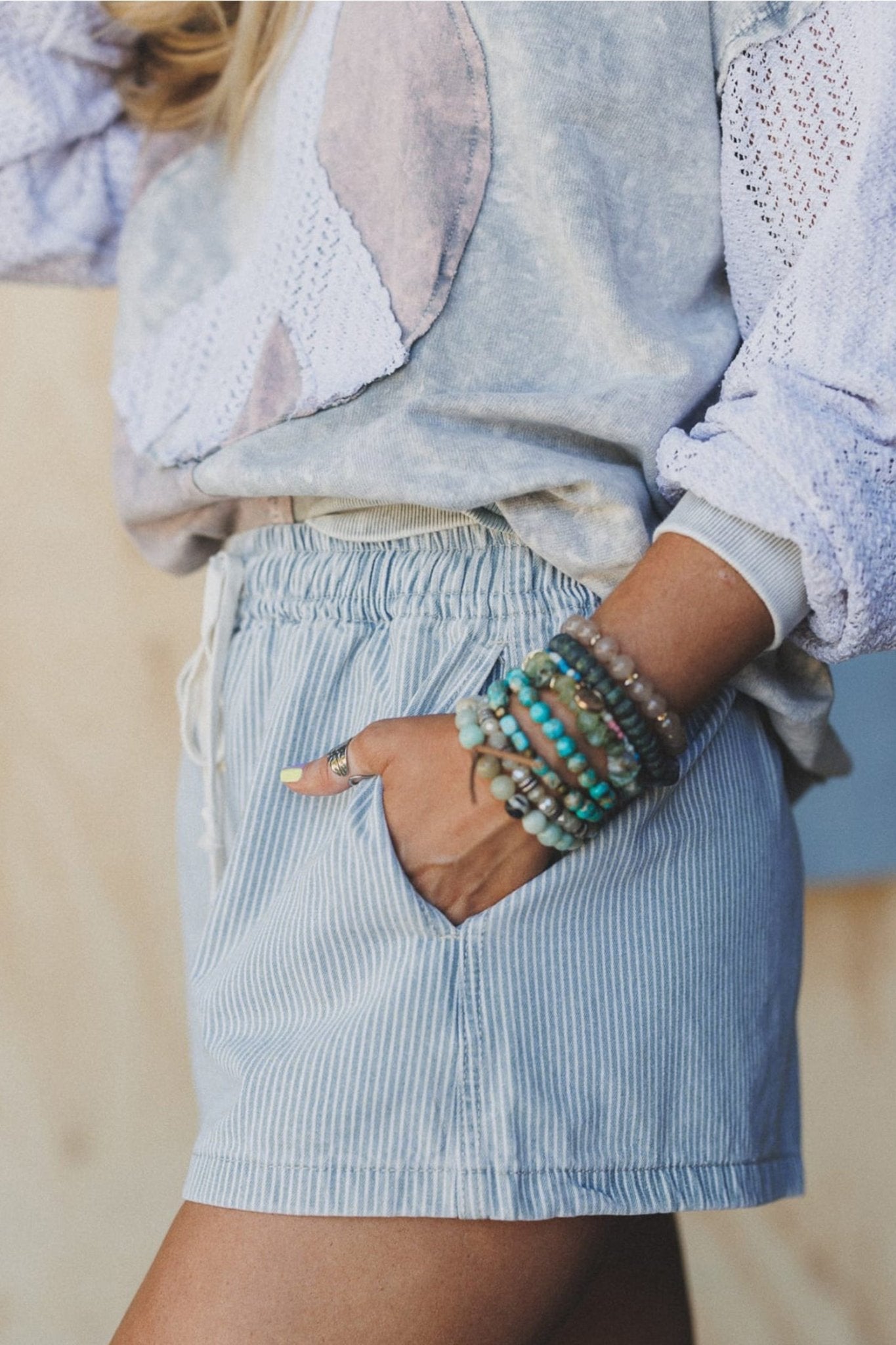 Sky Blue Stripe Drawstring Elastic Waist Casual Denim Shorts - Loving It Shop