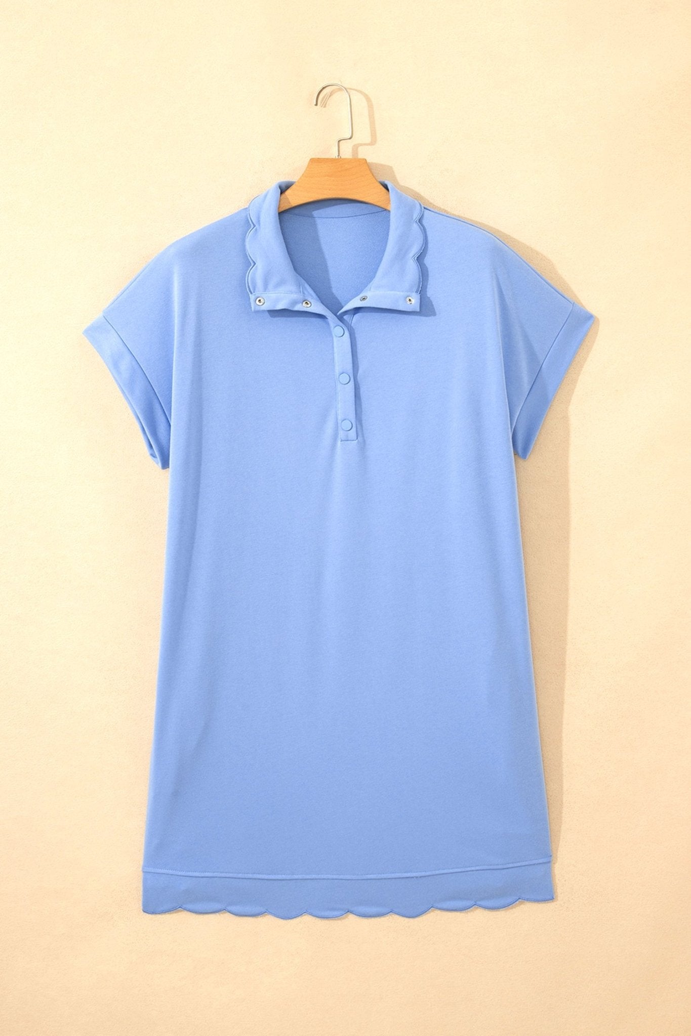 Beau Blue Plus Size Solid Scalloped Hem Button Neck Pullover Mini Dress - Loving It Shop