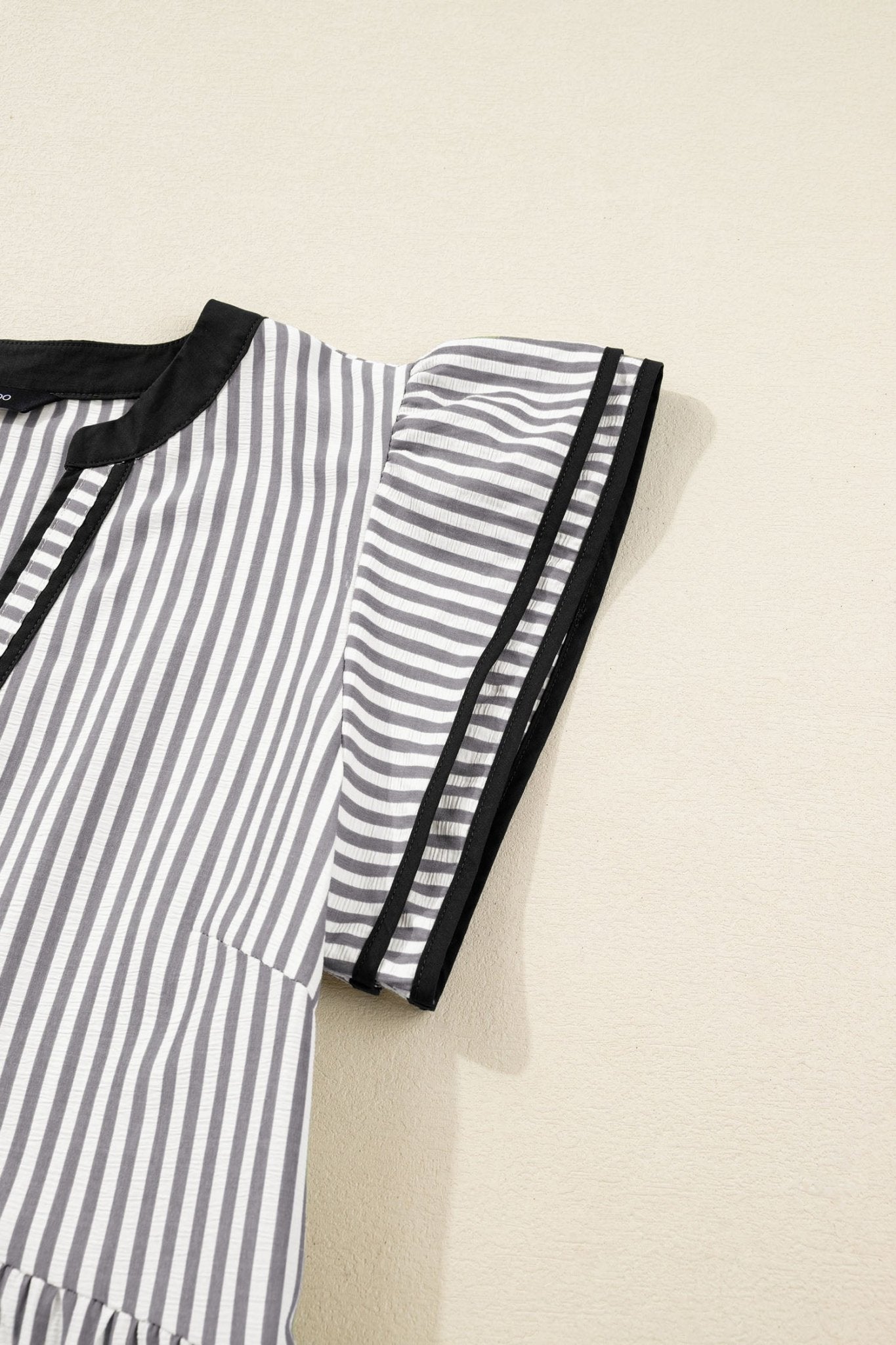 Black Stripe Contrast Trim V Neck Flutter Sleeve Casual Long Dress - Loving It Shop