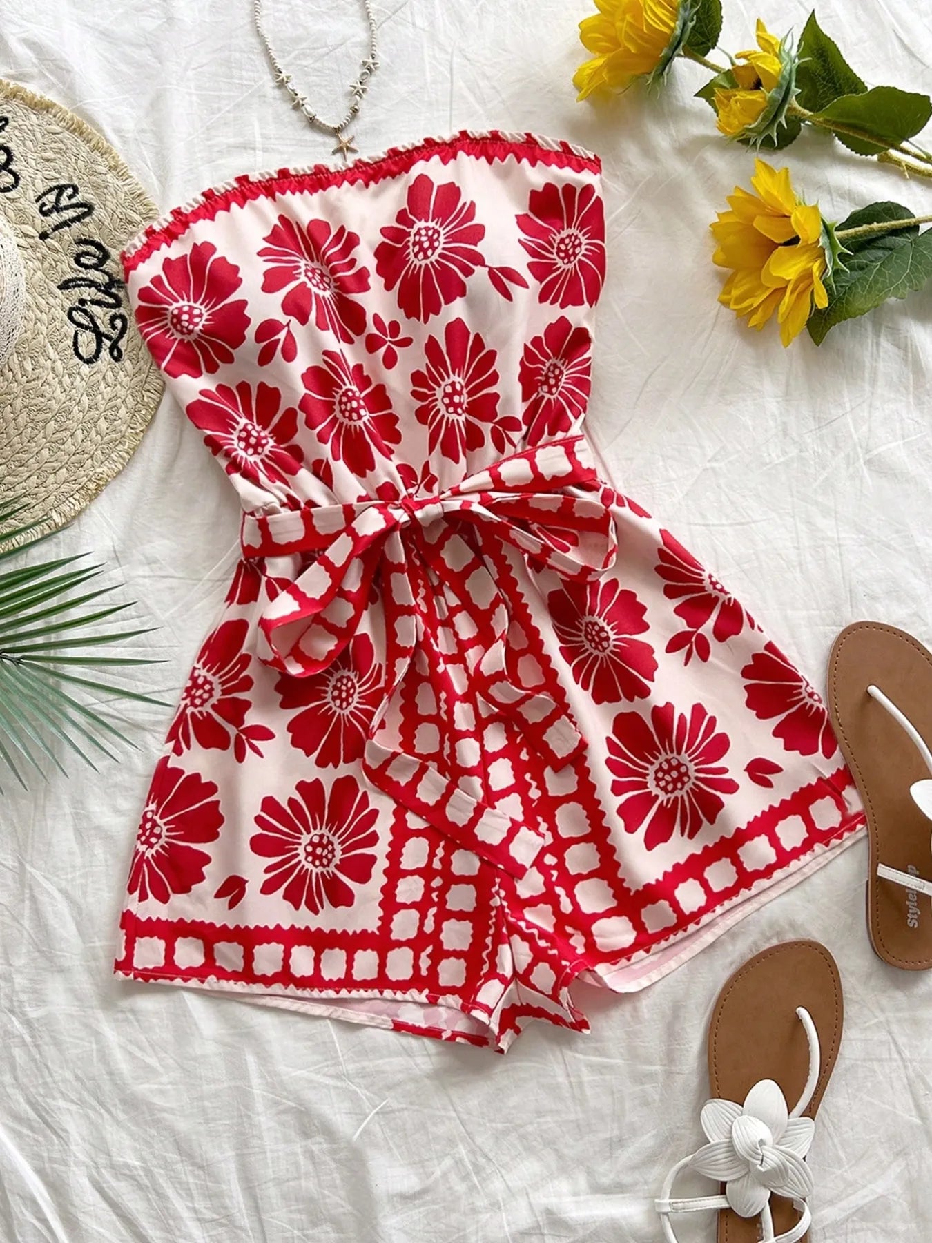 Printed Tube Tie Waist Romper
