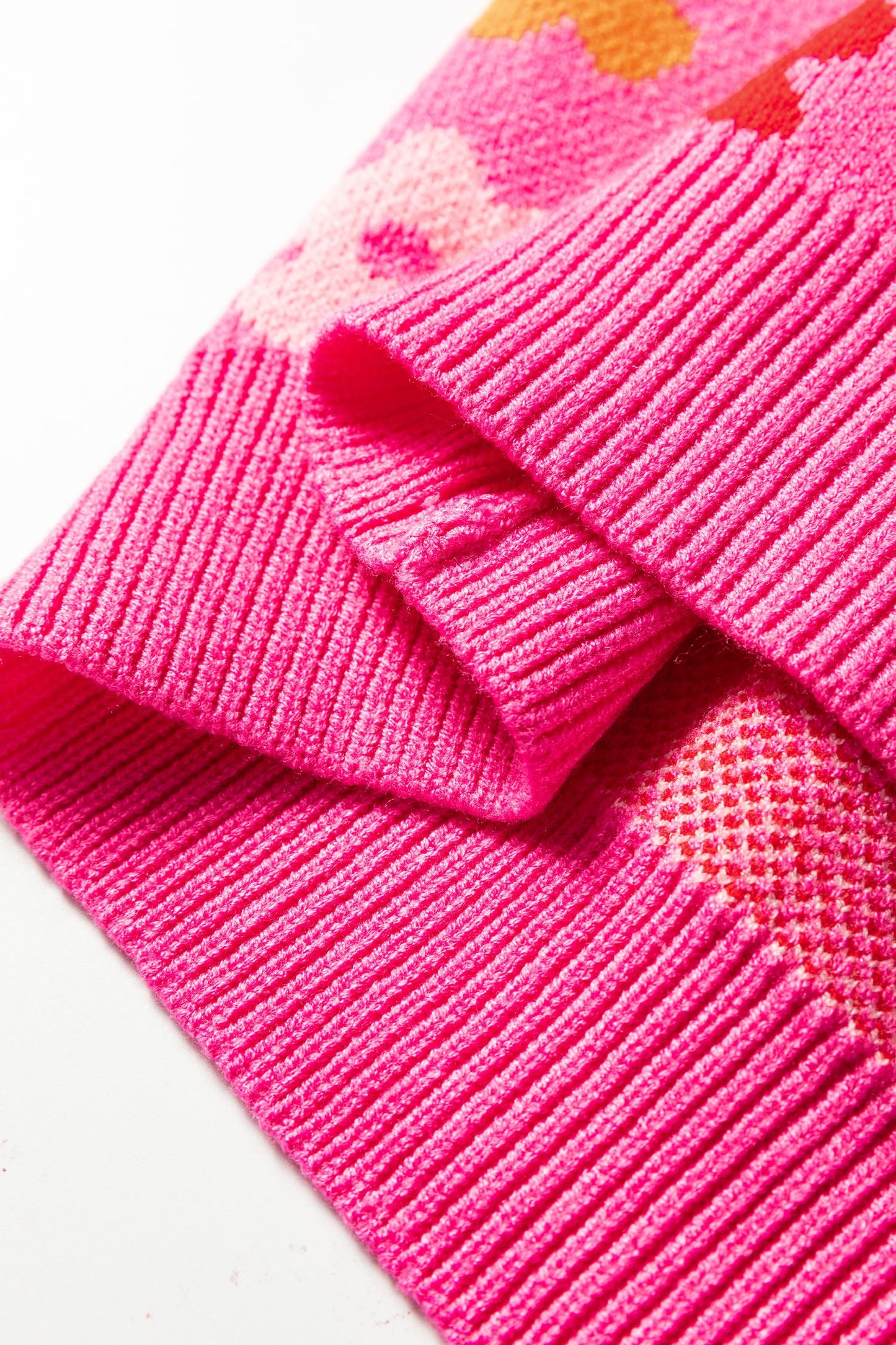 Rose Cute Flower Allover Ribbed Trimmed Drop Shoulder Pullover Sweater