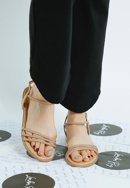 Nobbity Rhinestone Pearl Detail Flat Sandals