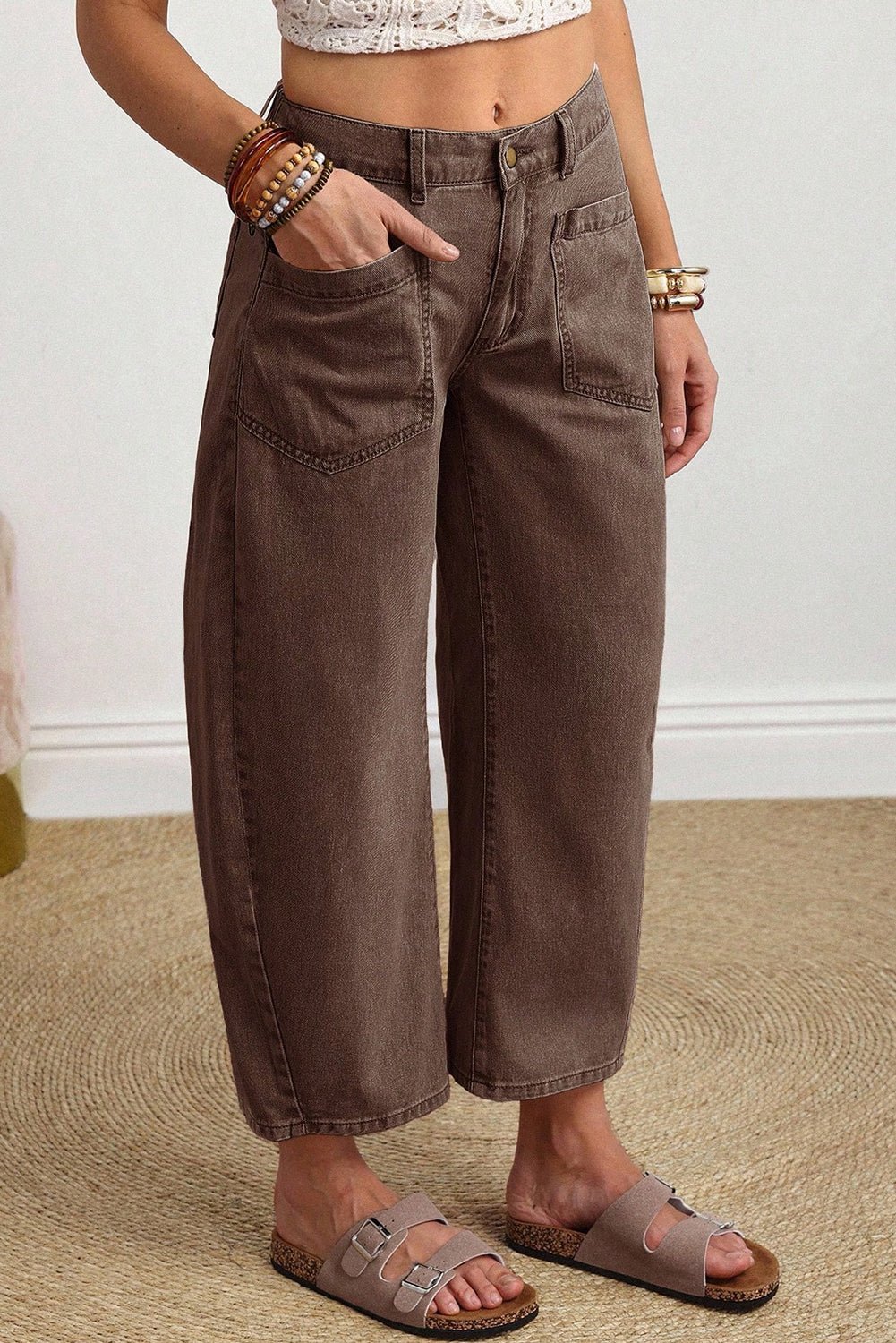 Coffee Solid Color Square Patch Pocket Ankle - length Barrel Jeans - Loving It Shop
