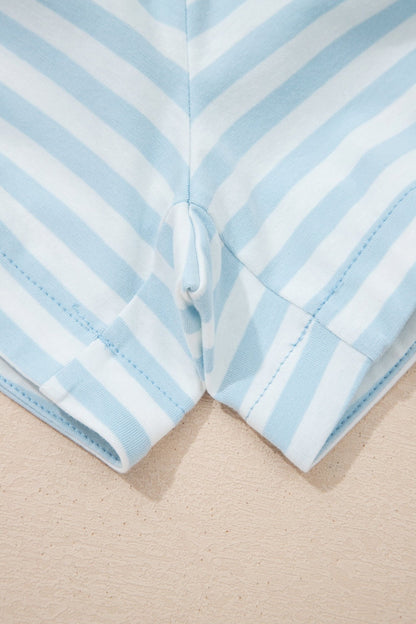 Sky Blue Stripe Contrast Neck Loose Tee and Drawstring Shorts Set - Loving It Shop