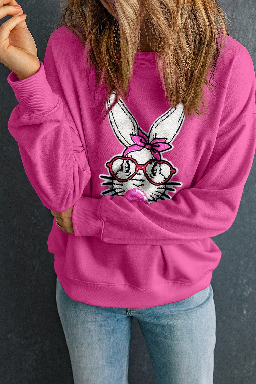 Bonbon Bubble Gum Rabbit Sequin Graphic Drop Shoulder Sweatshirt - Loving It Shop