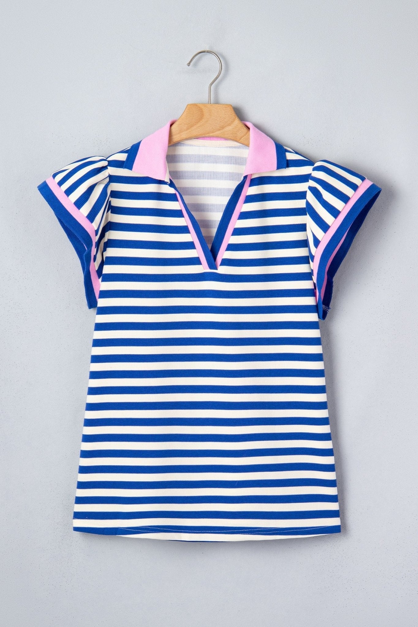 Blue Stripe Contrast Trim Polo Collar Ruffled Short Sleeve Blouse - Loving It Shop