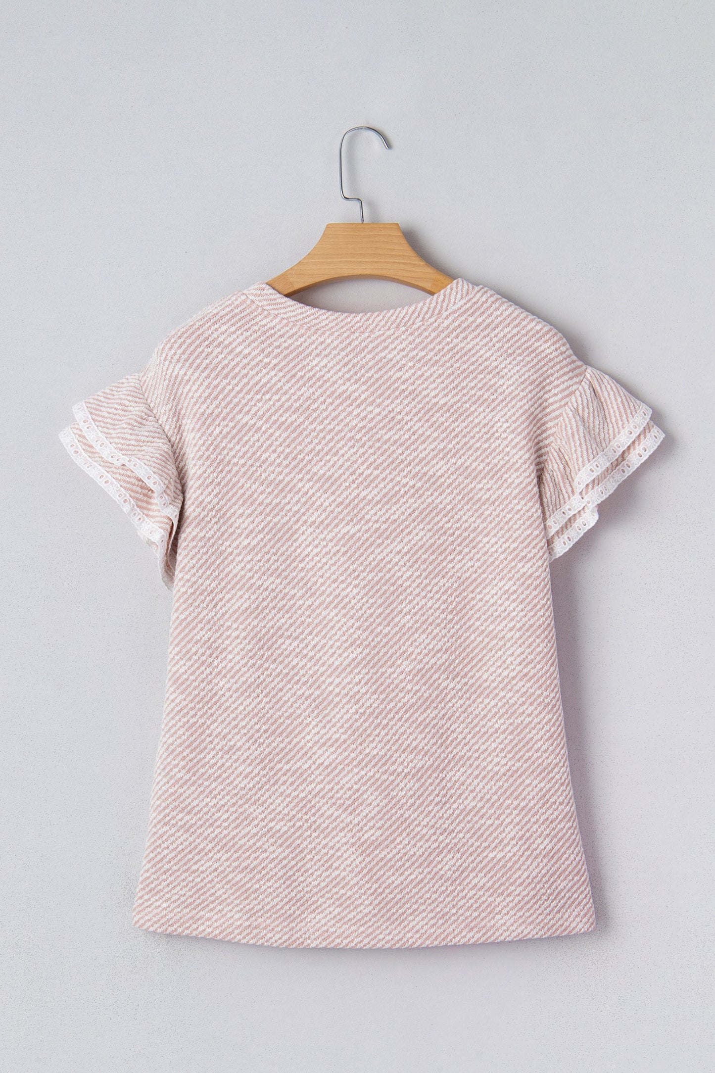 Light Pink Twilled Print Lace Trim Ruffled Short Sleeve Blouse