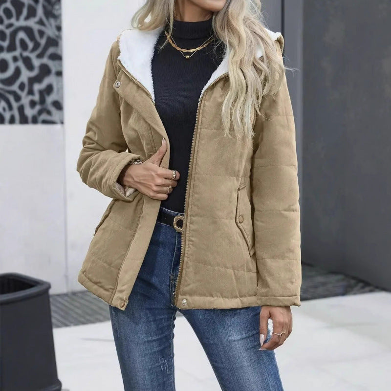 Fleece-lined Hooded Coat Winter Preppy Style Long Sleeve Jacket Warm Pockets Cotton Coat Women&
