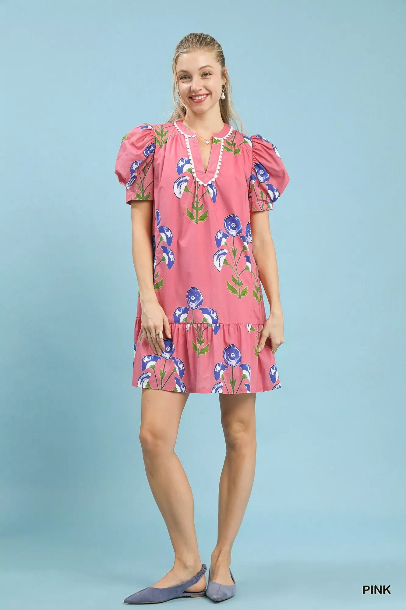 Floral Print Puff Sleeve Mini Dress with Scallop Trim