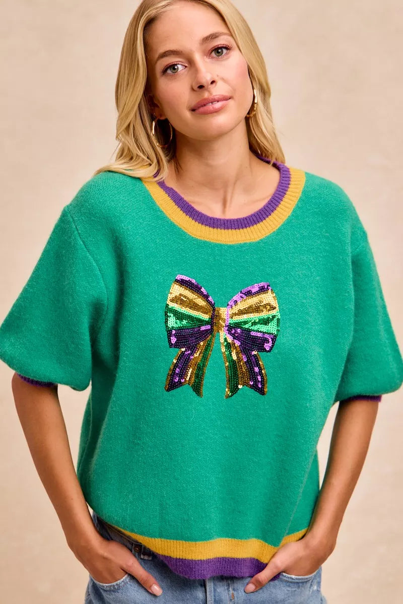 Mardi Gras Sequin Ribbon Patched Sweater