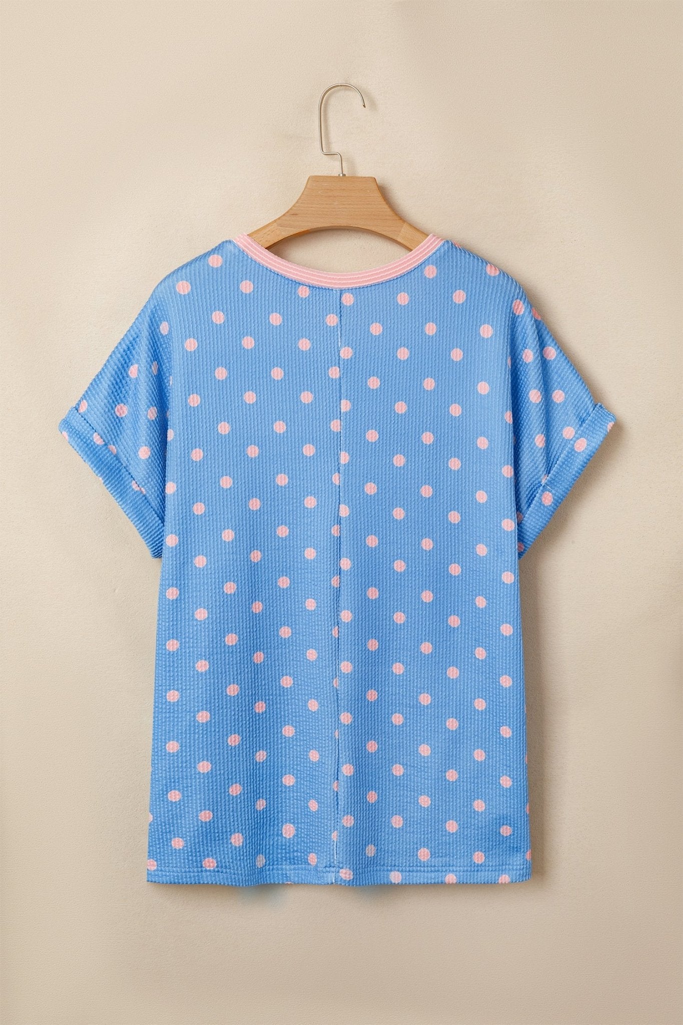 Sky Blue Raised Rib Polka Dot Print Cuffed Short Sleeve Top - Loving It Shop