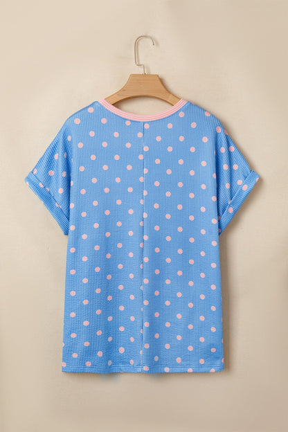 Sky Blue Raised Rib Polka Dot Print Cuffed Short Sleeve Top - Loving It Shop