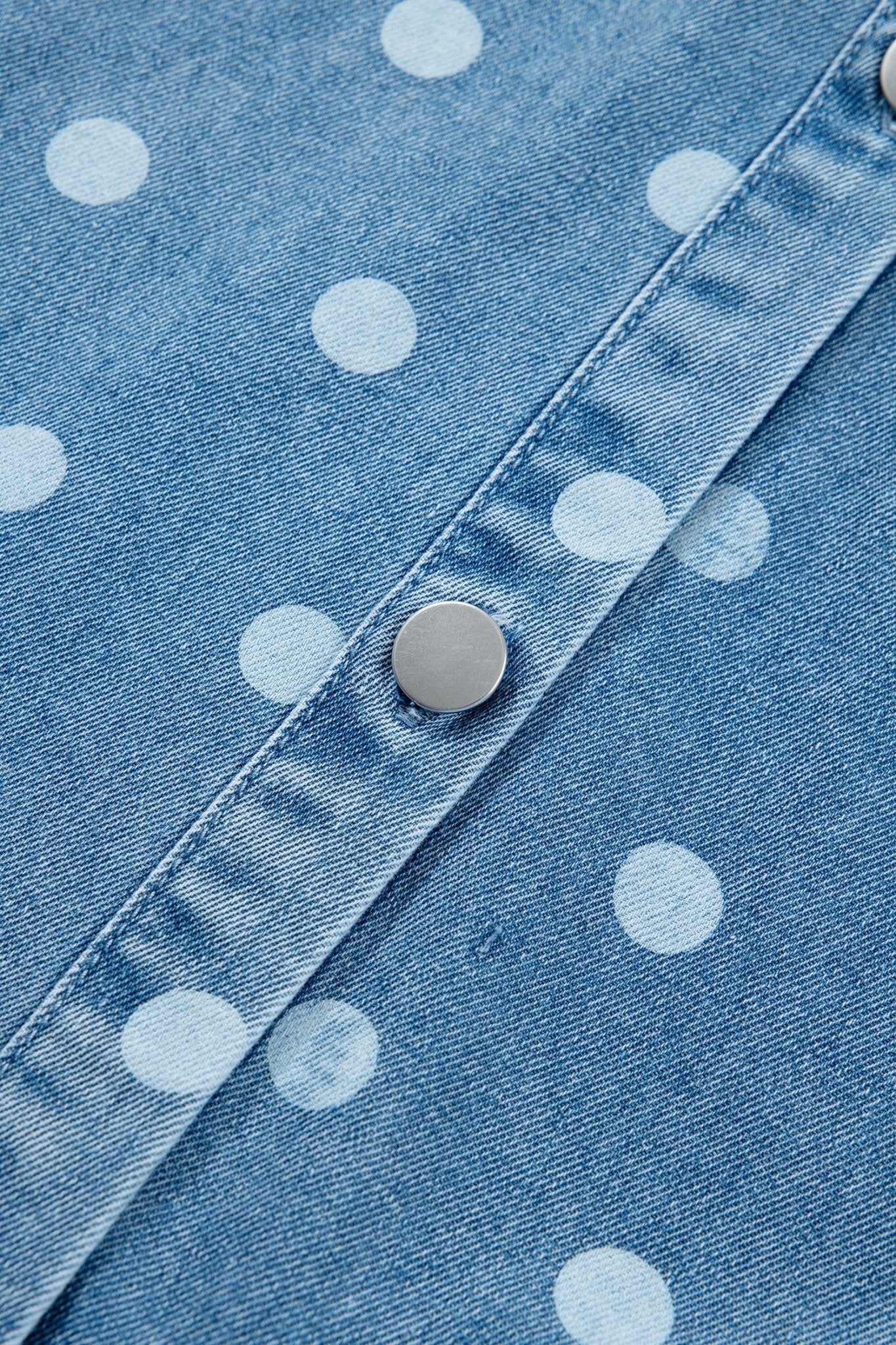 Sky Blue Polka Dot Print Ruffled Short Puff Sleeve Button Down Loose Denim Dress - Loving It Shop