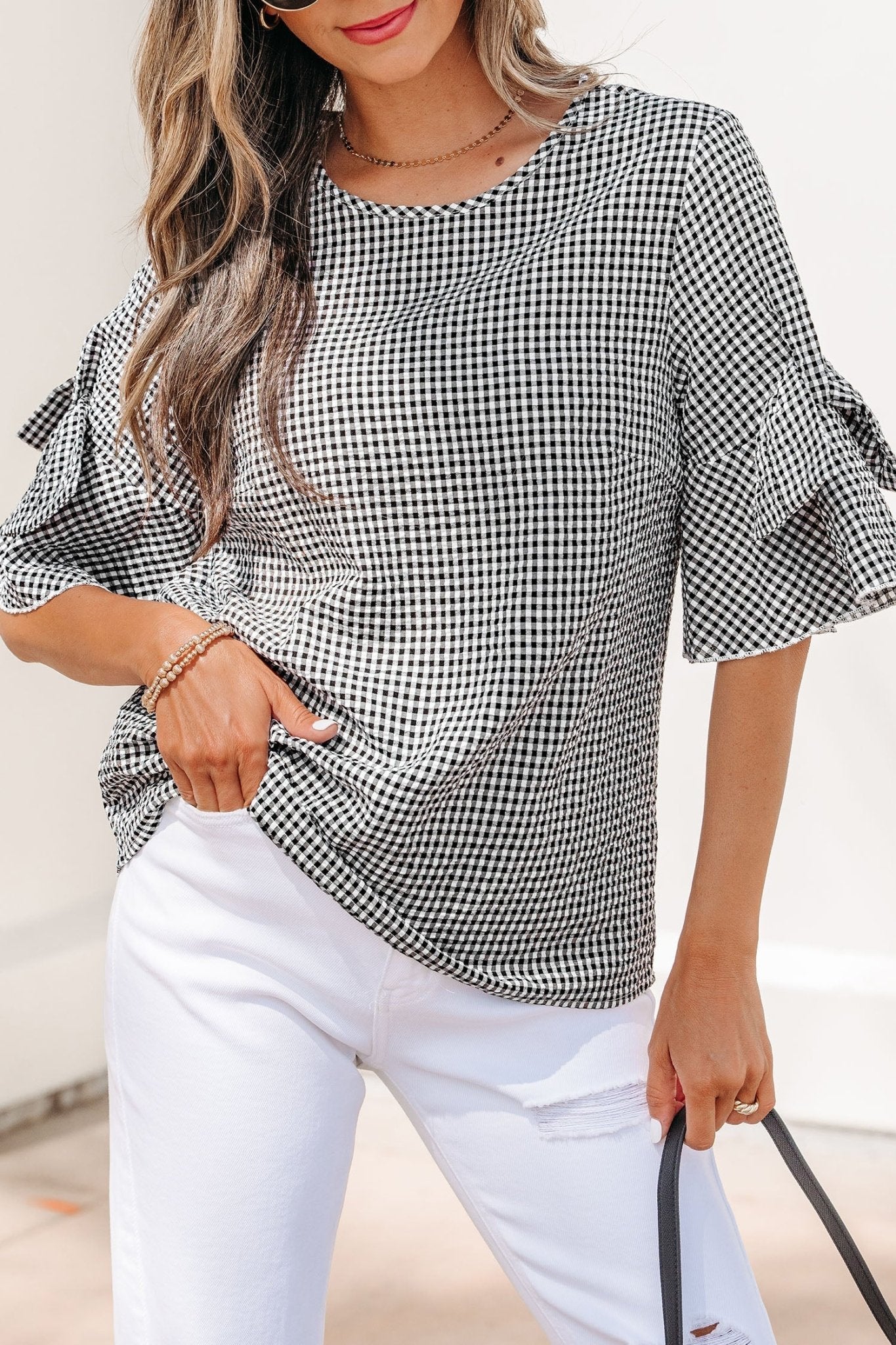 Black Plaid Bow Ruffled Half Sleeve Round Neck Blouse - Loving It Shop