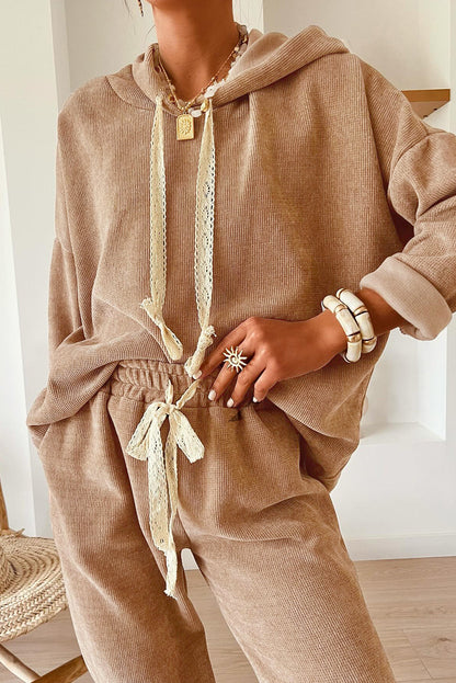 Casual Lace Drawstring Pullover Hoodie and High Waist Pants Corduroy Suit