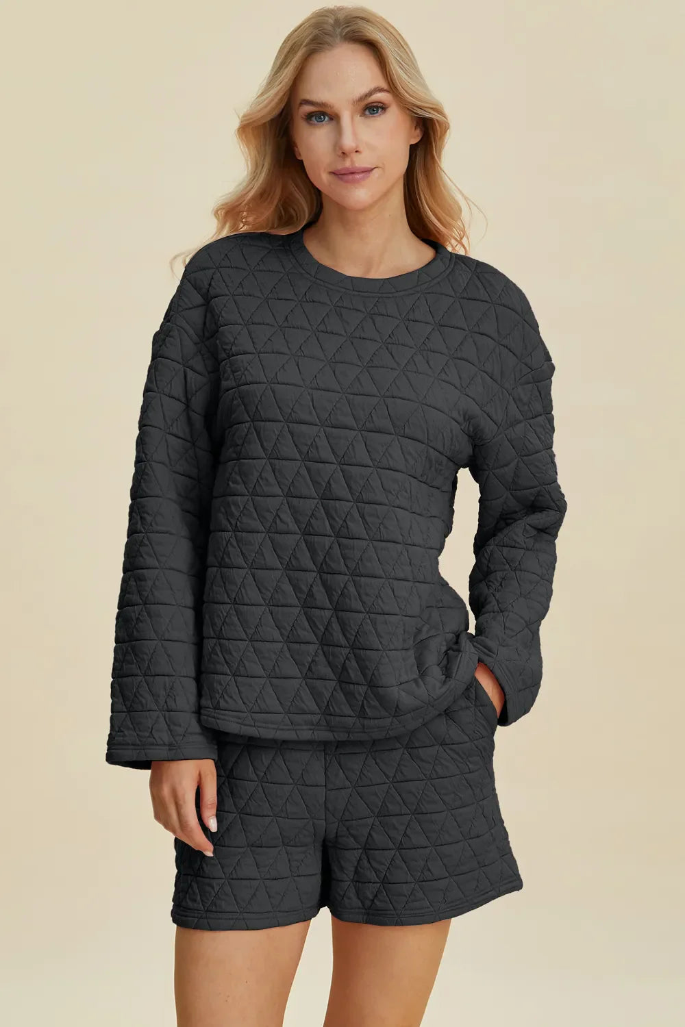 I am a Fashion junky Full Size Texture Round Neck Long Sleeve Top and Shorts Set
