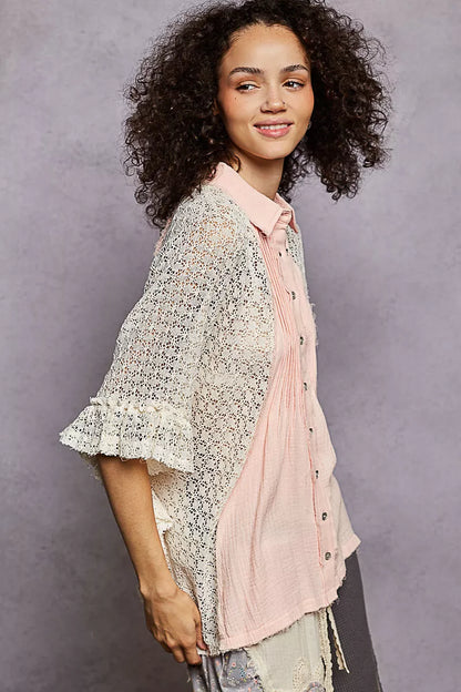 Button Down Front Pleated Shirt with Crochet Patch