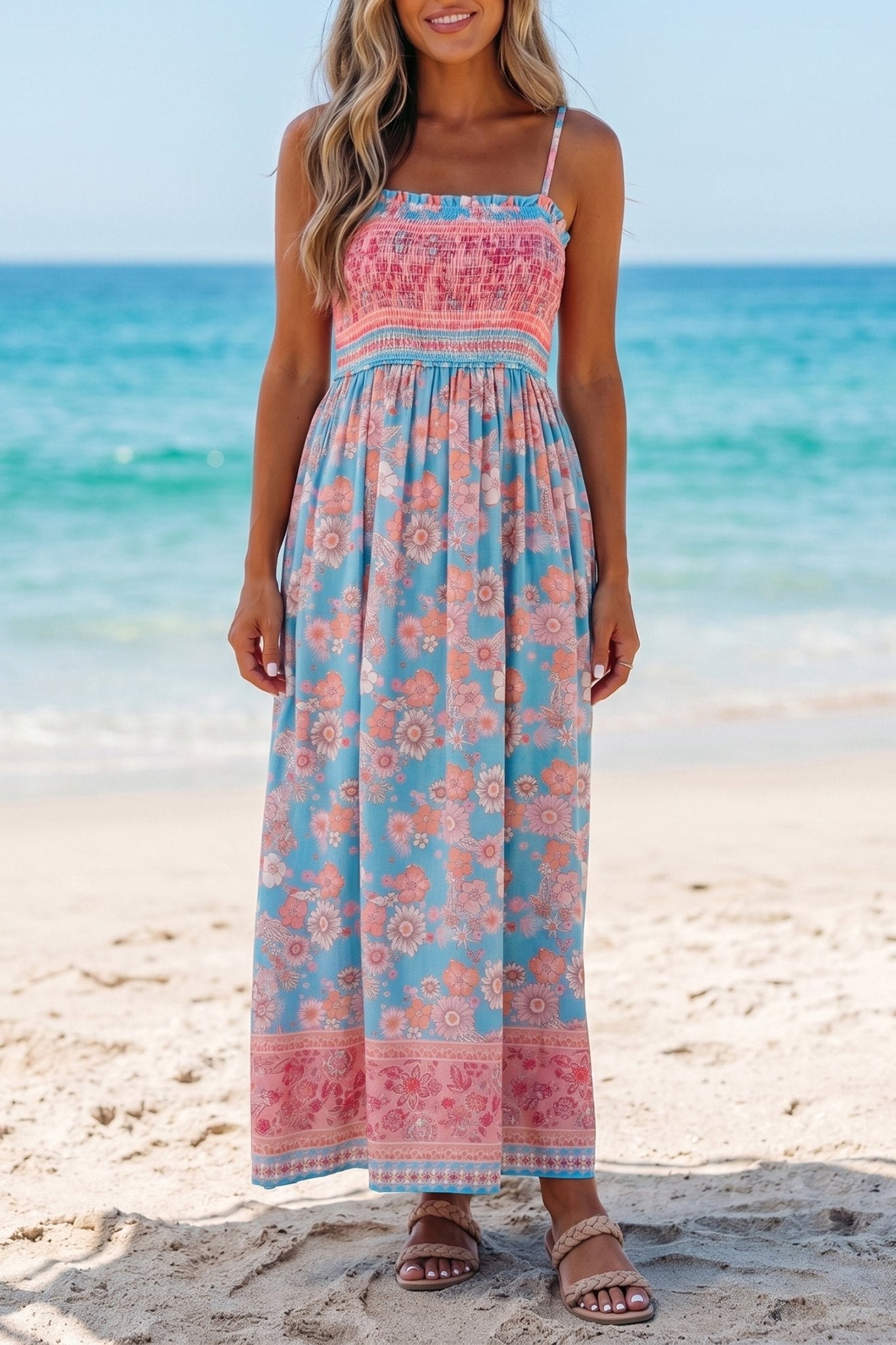 Sky Blue Bohemian Ethnic Print Spaghetti Straps Vacation Maxi Dress - Loving It Shop