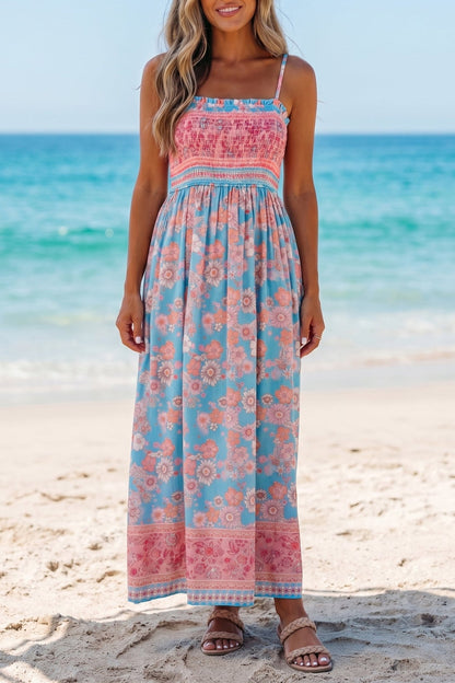Sky Blue Bohemian Ethnic Print Spaghetti Straps Vacation Maxi Dress - Loving It Shop